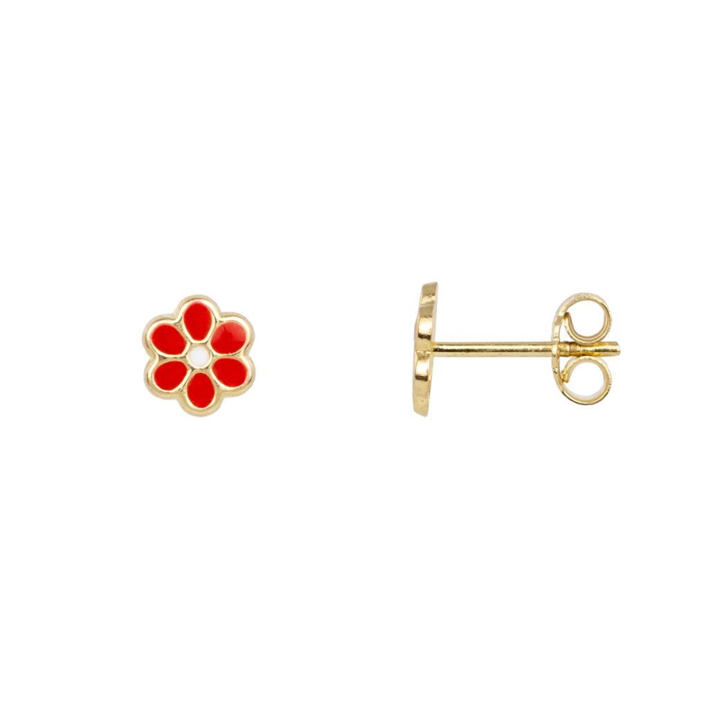Καρφωτά παιδικά σκουλαρίκια από χρυσό 9Κ με σχέδιο κόκκινη μαργαρίτα