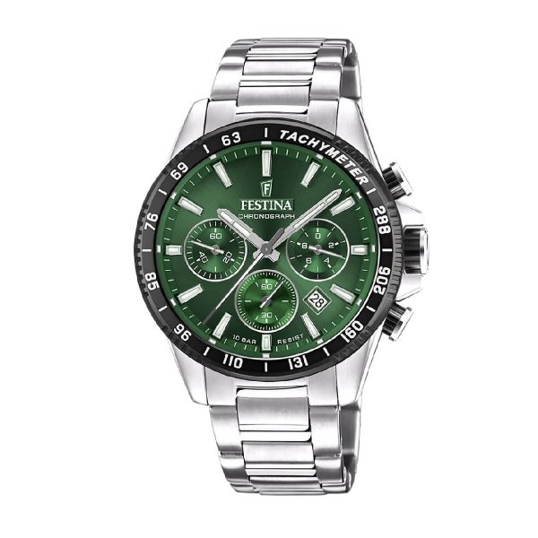 Ρολόι χρονογράφος Festina F20560/4 από ανοξείδωτο ατσάλι με πράσινο καντράν και μαύρη στεφάνη