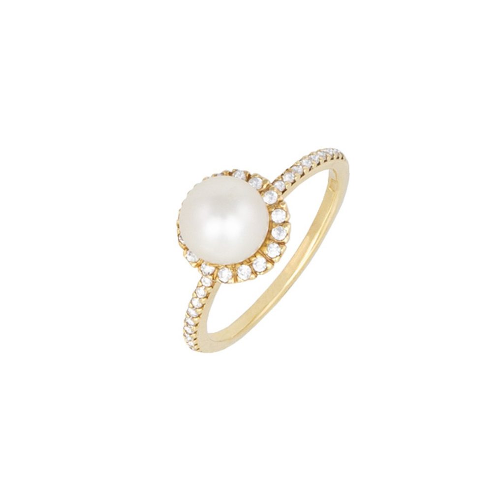 Χρυσό δαχτυλίδι Κ14 με μαργαριτάρι και ζιργκόν πλαϊνές πέτρες