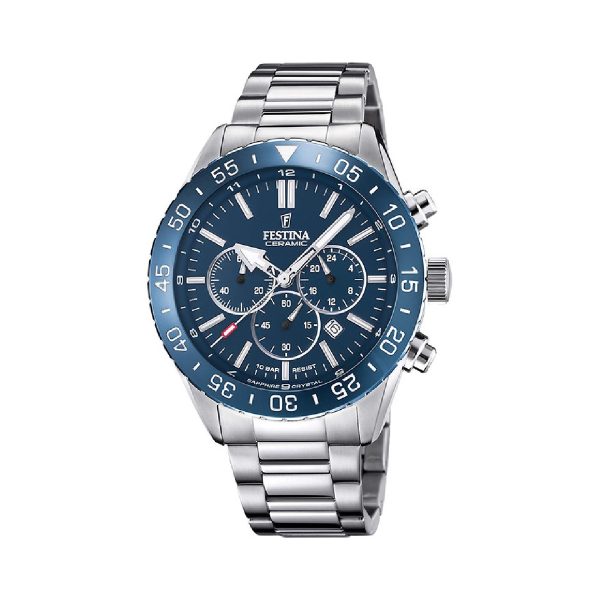 Festina ρολόι χρονογράφος μπαταρίας από ανοξείδωτο ατσάλι σε ασημί χρώμα F20575/2 και βιδωτή κορώνα