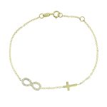 Χρυσό βραχιόλι Κ9 με σχέδιο άπειρο με ζιργκόν πέτρες και σταυρουδάκι