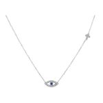 Λευκόχρυσο κολιέ Κ9 με ματάκι διακοσμημένο με λευκά και μπλε ζιργκόν