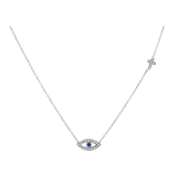 Λευκόχρυσο κολιέ Κ9 με ματάκι διακοσμημένο με λευκά και μπλε ζιργκόν