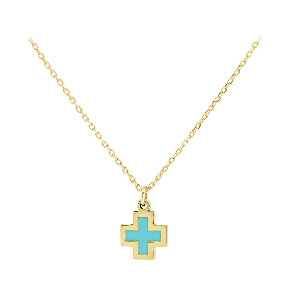 Χρυσό κολιέ Κ9 σταυρουδάκι με τιρκουάζ σμάλτο