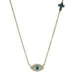 Χρυσό κολιέ Κ14 ματάκι με λευκά ζιργκόν και σταυρουδάκι διπλής όψης