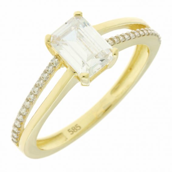 Χρυσό μονόπετρο δαχτυλίδι Κ14 με ζιργκόν παγιέτα και πλαϊνές πέτρες