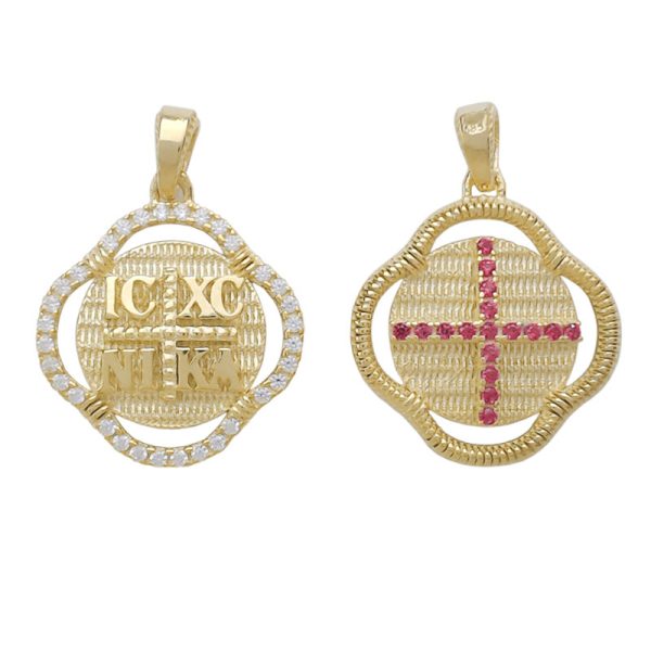 Διπλής όψης Κωνσταντινάτο ICXCNIKA κρεμαστό από χρυσό 14Κ με κόκκινα και λευκά ζιργκόν