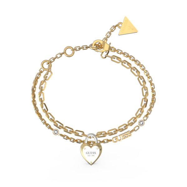 GUESS STEEL ALL YOU NEED IS LOVE JUBB04206JWYGRHL Χρυσό Βραχιόλι Με Διπλή Αλυσίδα & Καρδιά