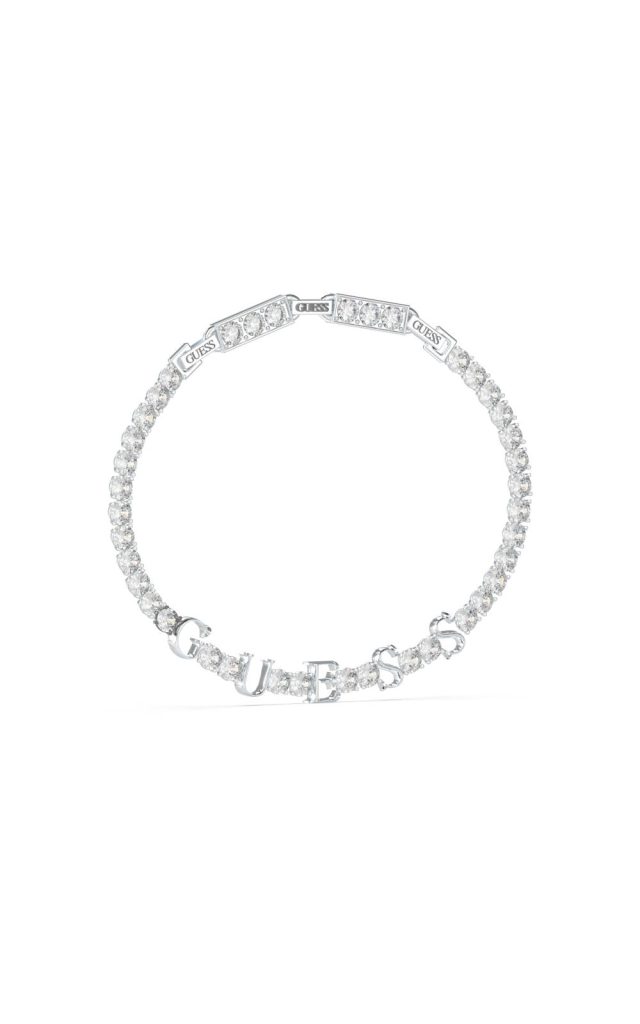 GUESS STEEL ARM PARTY JUBB04218JWRHT/U Ασημένιο Βραχιόλι Με Λογότυπο & Λευκές Πέτρες