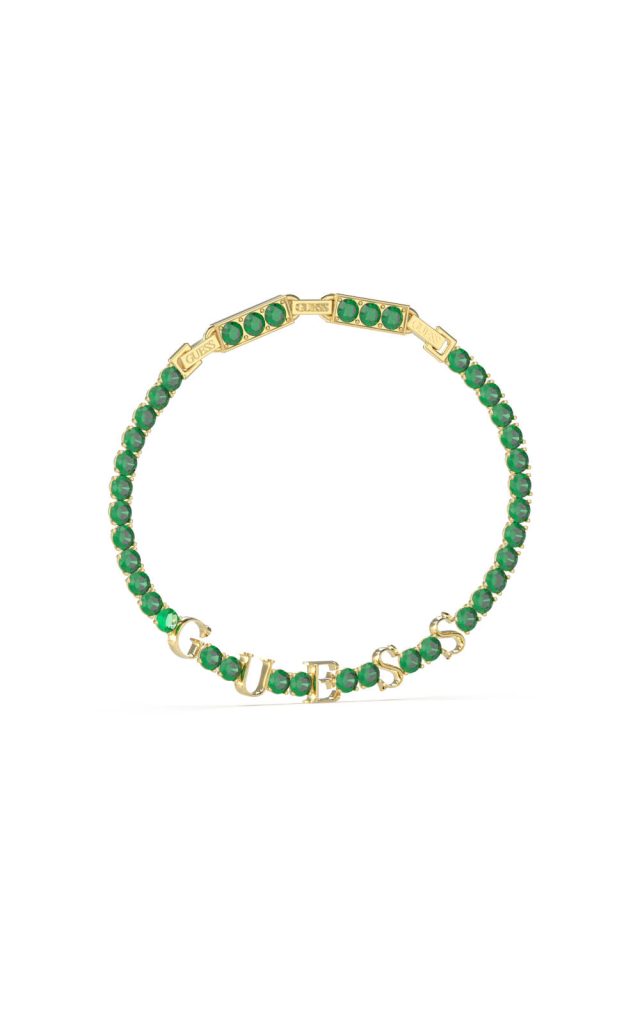 GUESS STEEL ARM PARTY JUBB04218JWYGGNT/U Χρυσό Βραχιόλι Με Λογότυπο & Πράσινες Πέτρες