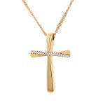 Χρυσό κολιέ Κ14 με λουστρέ σταυρό διακοσμημένο με λευκά ζιργκόν και διπλή αλυσίδα
