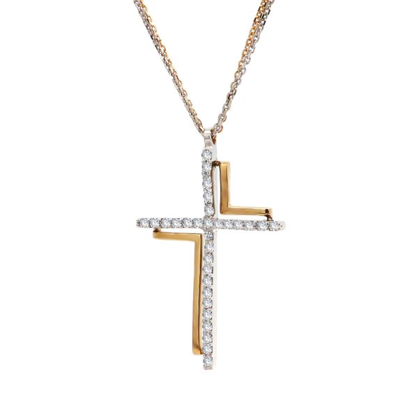 Δίχρωμο κολιέ Κ14 με λουστρέ σταυρό διακοσμημένο με λευκά ζιργκόν και διπλή αλυσίδα