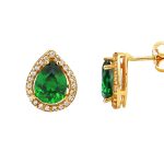 Καρφωτά χρυσά 14Κ σκουλαρίκια ροζέτα δάκρυ, με πράσινη συνθετική πέτρα και λευκά ζιργκόν