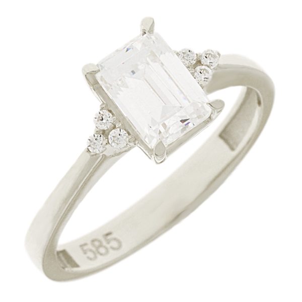 Λευκόχρυσο μονόπετρο δαχτυλίδι Κ14 με ζιργκόν κεντρική παγιέτα και μικρά πλαϊνά ζιργκόν