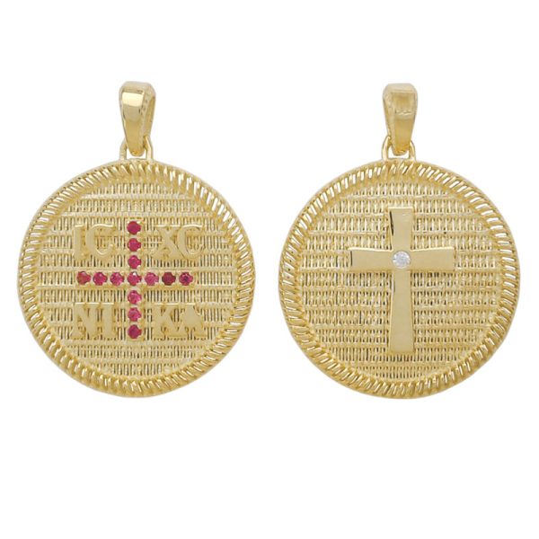 Διπλής όψης Κωνσταντινάτο ICXCNIKA κρεμαστό από χρυσό 14Κ με κόκκινα και λευκά ζιργκόν