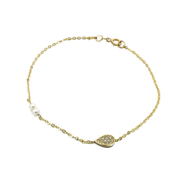 Χρυσό βραχιόλι Κ14 με σχέδιο δάκρυ με ζιργκόν πέτρες και μαργαριταράκια