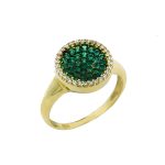 Δαχτυλίδι Κ14 σε σχήμα στρογγυλή ροζέτα, με πράσινες συνθετικές πέτρες και λευκά ζιργκόν