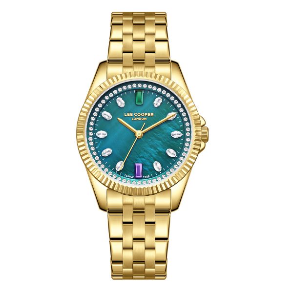 Γυναικείο ρολόι Lee Cooper LC08033.170 με χρυσό μπρασελέ και πράσινο φίλντισι καντράν