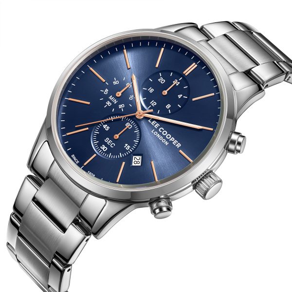 Ανδρικό ρολόι Lee Cooper LC08042.390 με ασημί μπρασελέ και μπλε καντράν