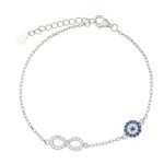 Ασημένιο βραχιόλι με άπειρο και ματάκι διακοσμημένο με λευκά και μπλε ζιργκόν