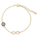 Ασημένιο επίχρυσο βραχιόλι με άπειρο και ματάκι διακοσμημένο με λευκά και μπλε ζιργκόν