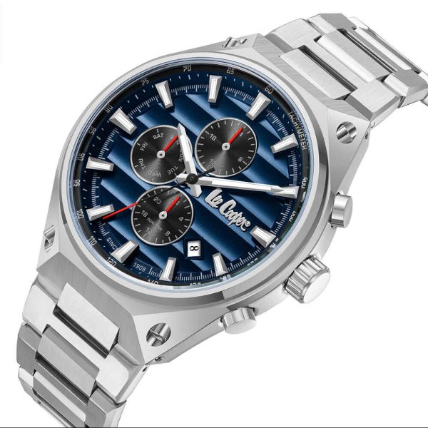 Ανδρικό ρολόι Lee Cooper LC08026.390 με ασημί μπρασελέ και μπλε καντράν
