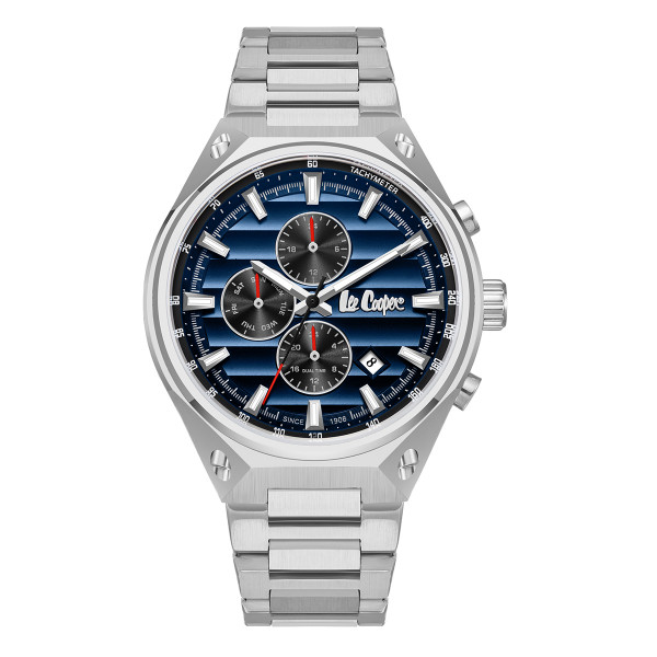 Ανδρικό ρολόι Lee Cooper LC08026.390 με ασημί μπρασελέ και μπλε καντράν