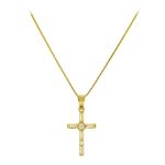 Χρυσό κολιέ Κ14 με λουστρέ σταυρό διακοσμημένο με λευκές παγιέτες