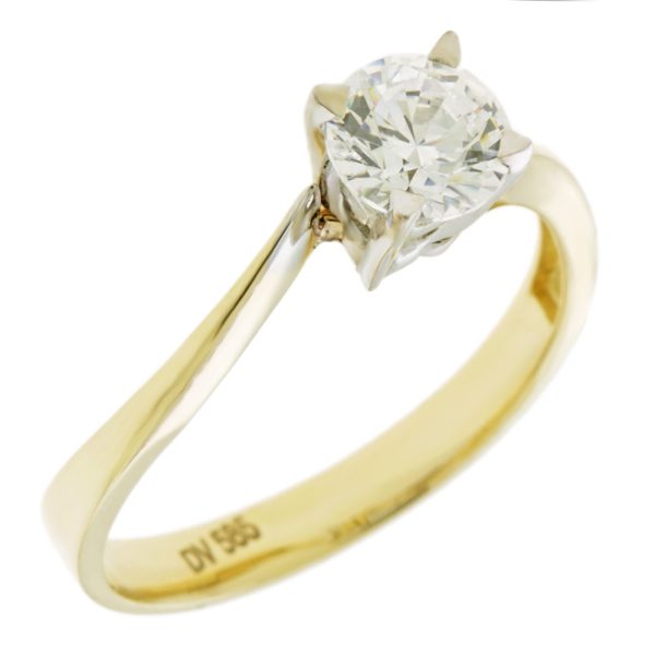 Δίχρωμο μονόπετρο δαχτυλίδι χρυσό και λευκόχρυσο Κ14 σχέδιο φλόγα με ζιργκόν πέτρα