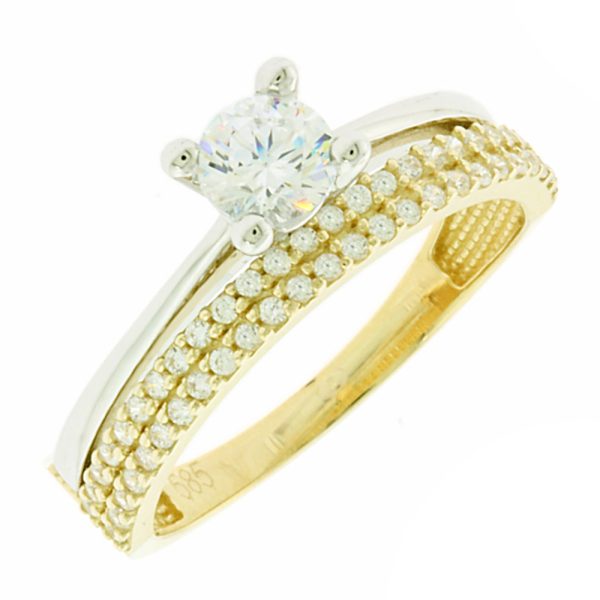 Δίχρωμο χρυσό Κ14 μονόπετρο και μισόβερο δαχτυλίδι με ζιργκόν