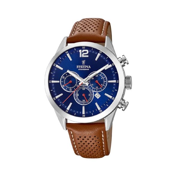 Festina F20542/6 ανδρικό ρολόι χρονογράφος με δερμάτινο λουράκι σε καφέ - ταμπά χρώμα και μπλε καντράν