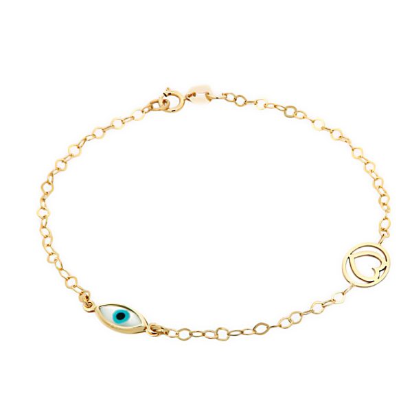 Χρυσό βραχιόλι Κ9 διακοσμημένο με καρδιά και ματάκι