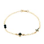 Χρυσό βραχιόλι Κ9 με μοτίβο λουλουδιού, και σταυρουδάκι με μαύρα ζιργκόν