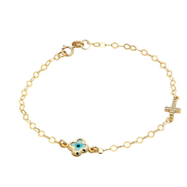 Χρυσό βραχιόλι Κ9 με ματάκι και σταυρουδάκι με λευκά ζιργκόν