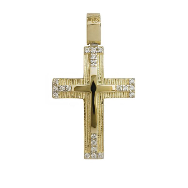 Χρυσός λουστρέ σταυρός Κ14 διακοσμημένος με λευκά ζιργκόν