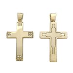 Χρυσός λουστρέ σταυρός Κ14 διπλής όψης διακοσμημένος με λευκά ζιργκόν