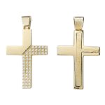 Χρυσός λουστρέ σταυρός Κ14 διπλής όψης διακοσμημένος με λευκά ζιργκόν