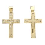 Χρυσός λουστρέ σταυρός Κ14 διπλής όψης διακοσμημένος με λευκά ζιργκόν