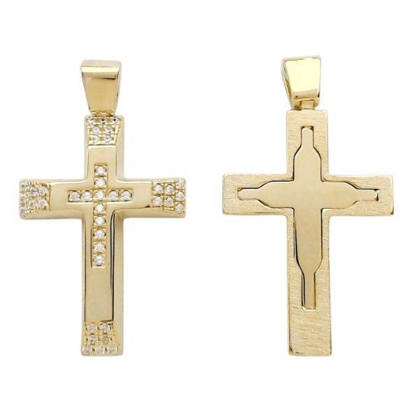 Χρυσός λουστρέ σταυρός Κ14 διπλής όψης διακοσμημένος με λευκά ζιργκόν