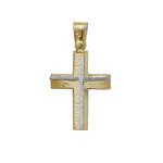 Δίχρωμος χρυσός Σταυρός Κ14 γραμμωτός διακοσμημένος με λευκό ένθετο