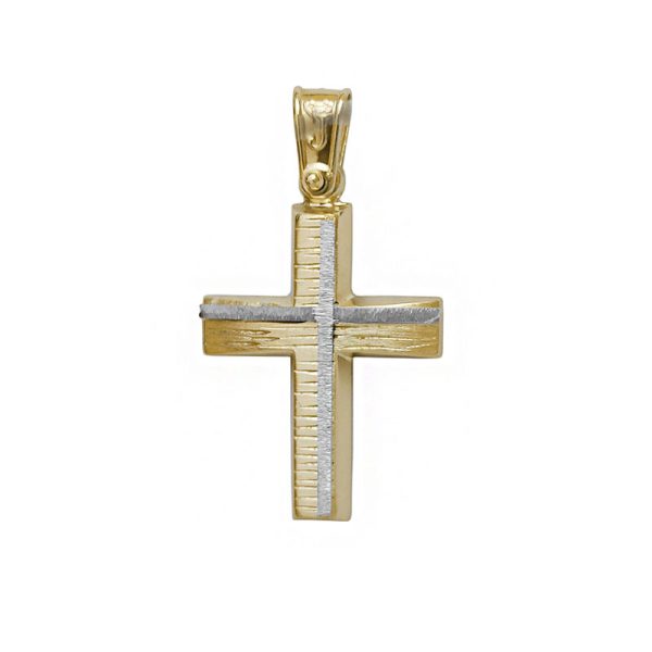 Δίχρωμος χρυσός Σταυρός Κ14 γραμμωτός διακοσμημένος με λευκό ένθετο