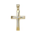Δίχρωμος χρυσός Σταυρός Κ14 διακοσμημένος με λευκό λουστρέ ένθετο