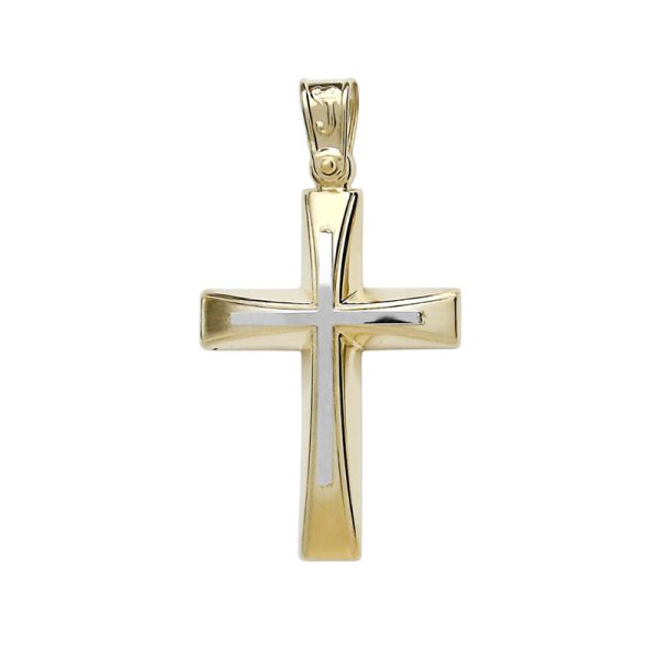 Δίχρωμος χρυσός Σταυρός Κ14 διακοσμημένος με λευκό λουστρέ ένθετο
