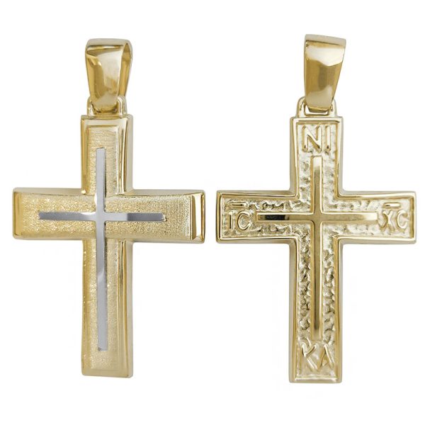 Δίχρωμος χρυσός Σταυρός Κ14 διπλής όψης διακοσμημένος με λευκό ένθετο