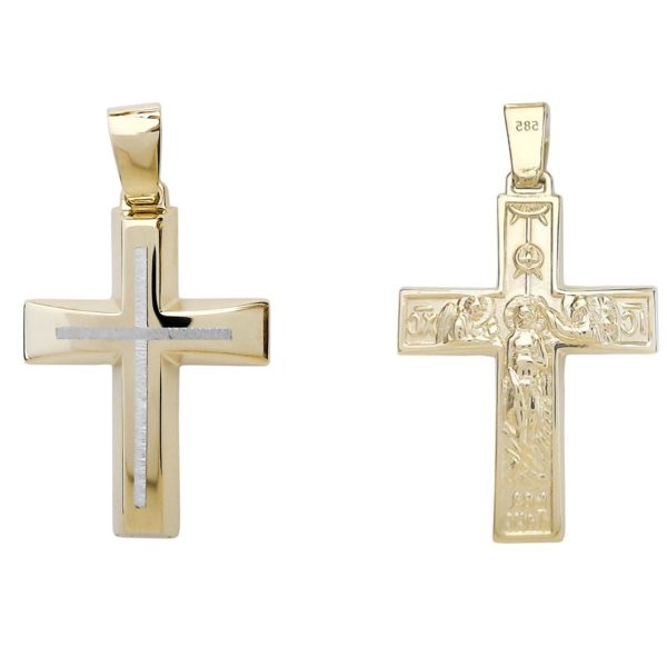 Δίχρωμος χρυσός Σταυρός Κ14 διπλής όψης διακοσμημένος με λευκό ένθετο