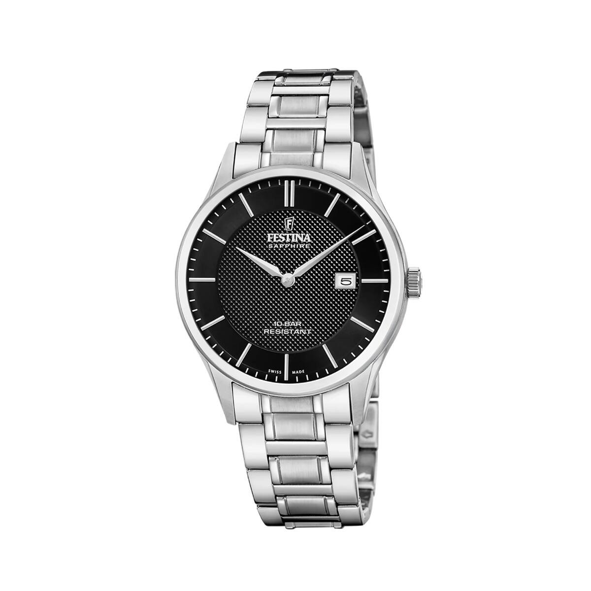 sandrou_f20067_6 Ρολόι Festina F20067/6 ελβετικό με λευκό μπρασελέ και μαύρο καντράν