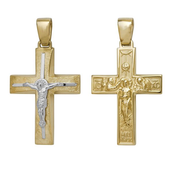 Δίχρωμος χρυσός σταυρός Κ14 διπλής όψης διακοσμημένος με τον Εσταυρωμένο