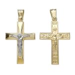 Δίχρωμος χρυσός σταυρός Κ14 διπλής όψης διακοσμημένος με τον Εσταυρωμένο