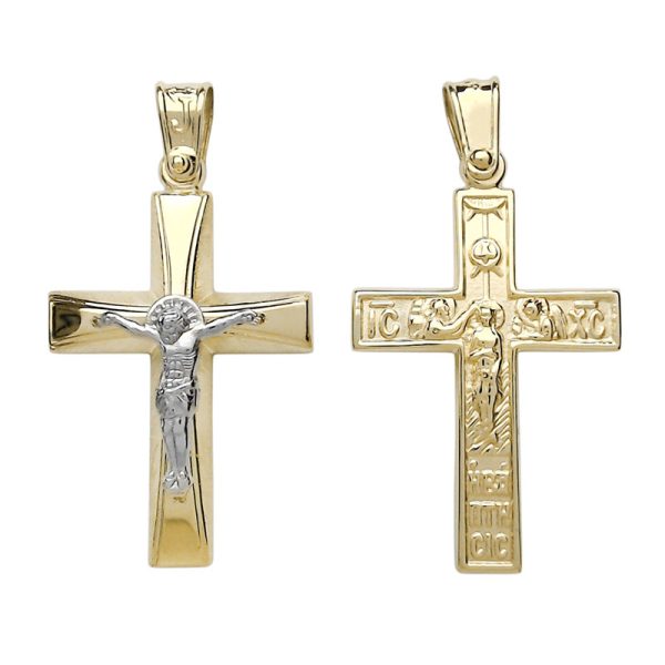 Δίχρωμος χρυσός σταυρός Κ14 διπλής όψης διακοσμημένος με τον Εσταυρωμένο