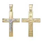 Δίχρωμος χρυσός σταυρός Κ14 διπλής όψης διακοσμημένος με τον Εσταυρωμένο